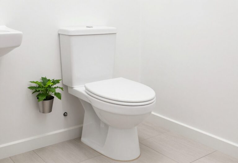 Clean white toilet bowl in a bright bathroom with a plant on the tank