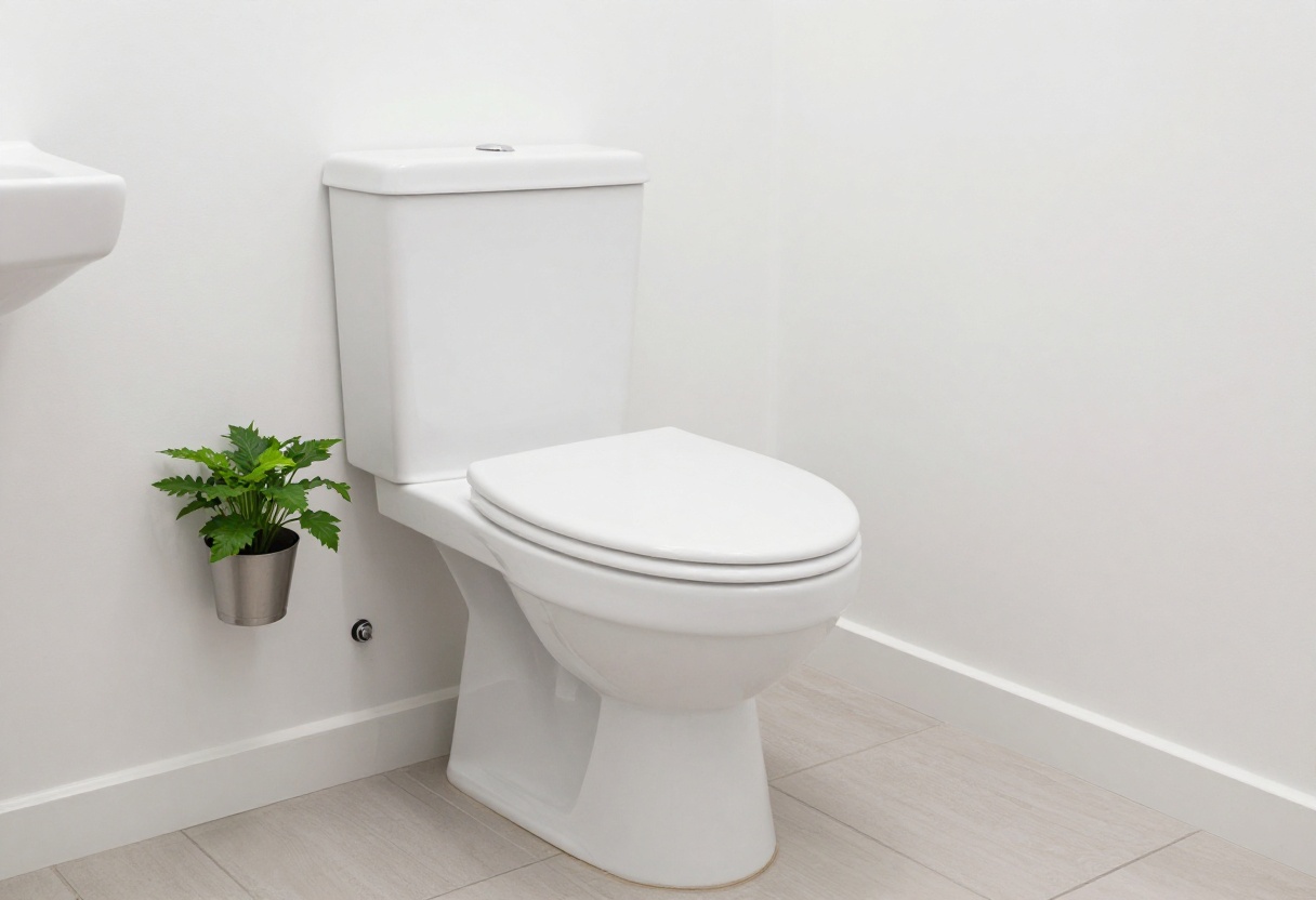 Clean white toilet bowl in a bright bathroom with a plant on the tank