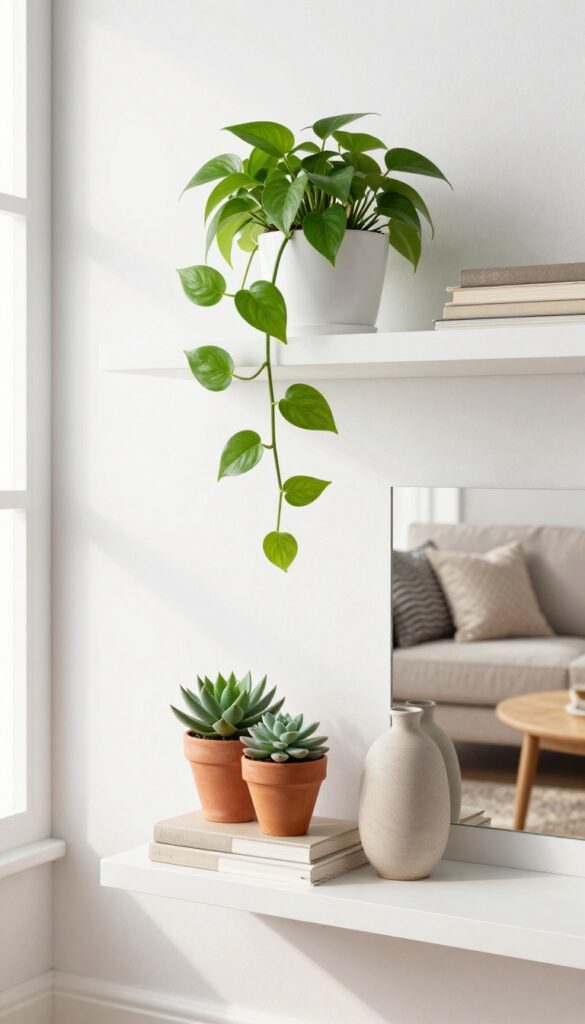 Living room shelving with trailing pothos and succulents in neutral pots, soft natural light, cozy background.