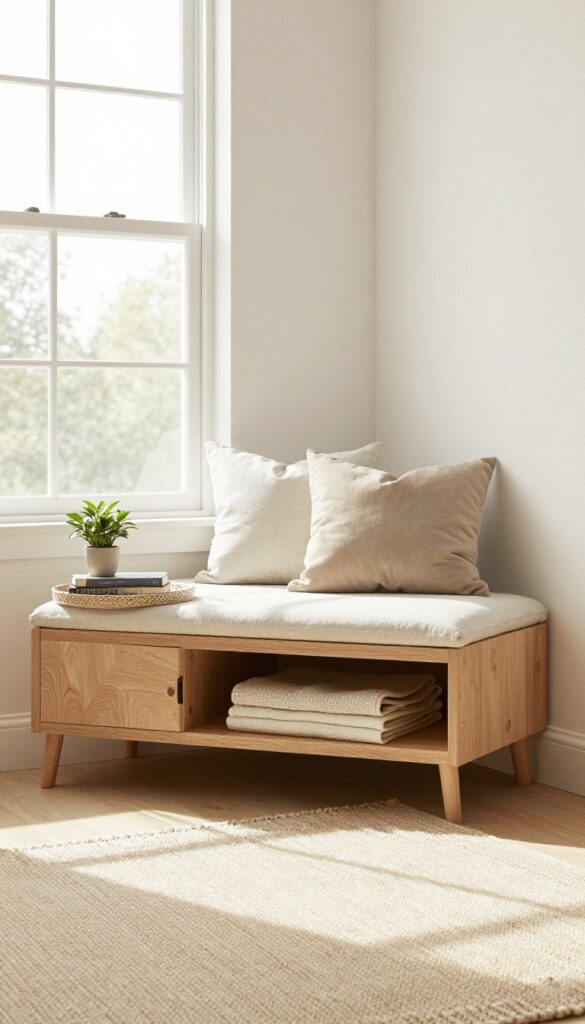 Storage bench under window with cushions, pillows, tray, books, plant, and open interior showing folded blankets in a bright living room