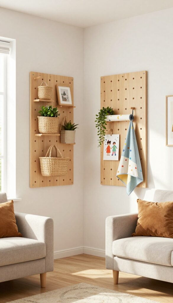 Wall-mounted wooden pegboard in living room holding art rolls, baskets, and a plant, with soft natural light.
