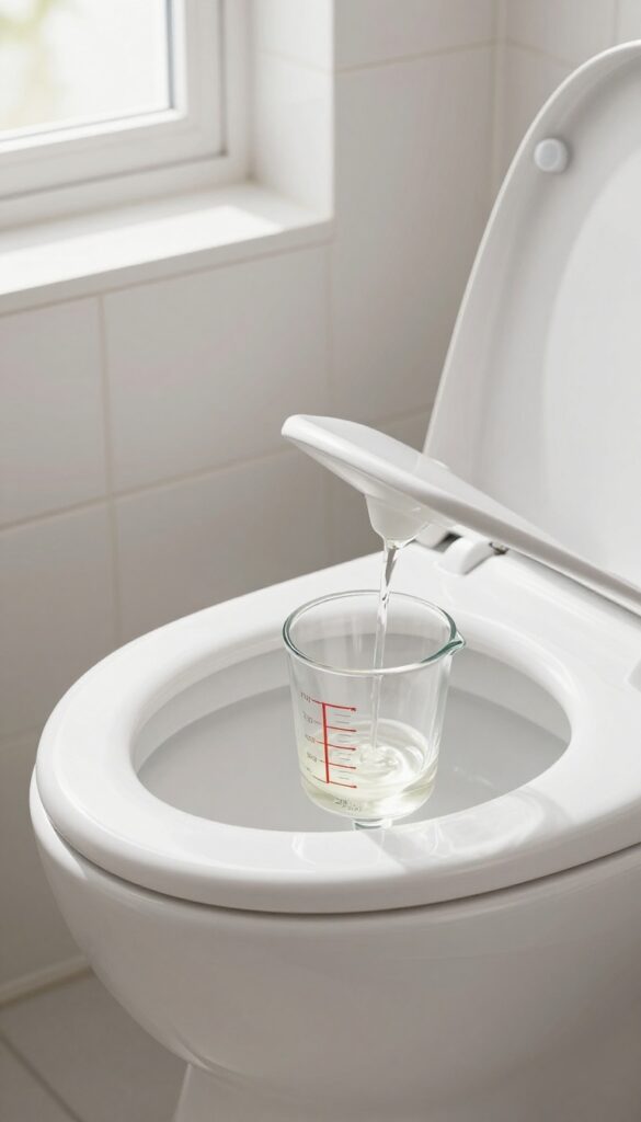 Pouring white vinegar into toilet tank overflow tube for cleaning