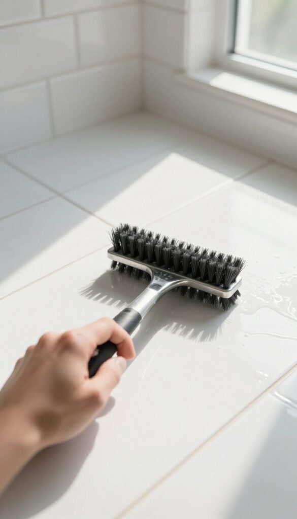 Person using a long-handled grout brush to scrub tile floor grout lines in a sunlit bathroom