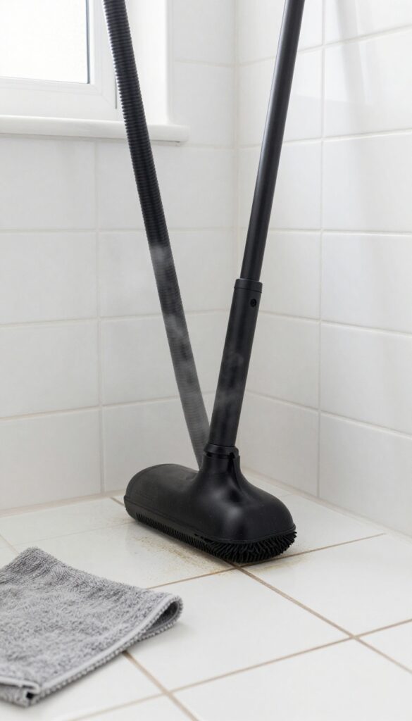 Handheld steam cleaner cleaning grout in shower tile