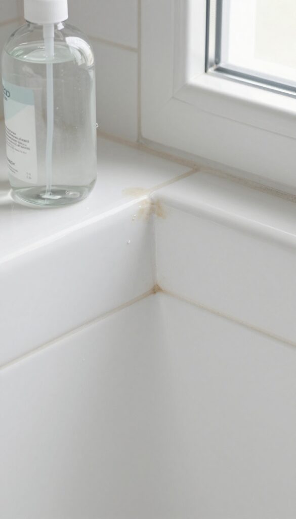 Hydrogen peroxide bottle next to clean shower grout