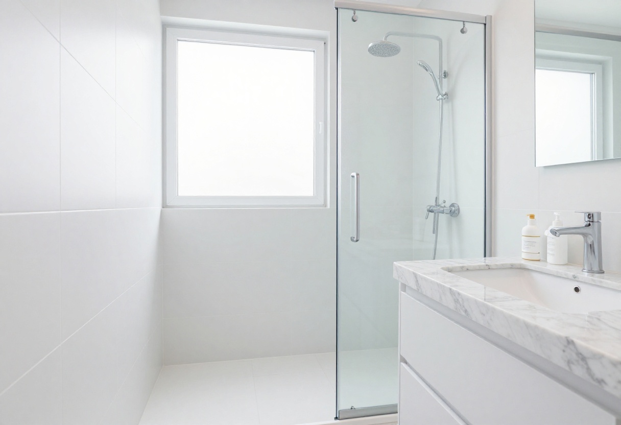 Clean and organized bathroom with white tiles, glass shower, and marble countertop
