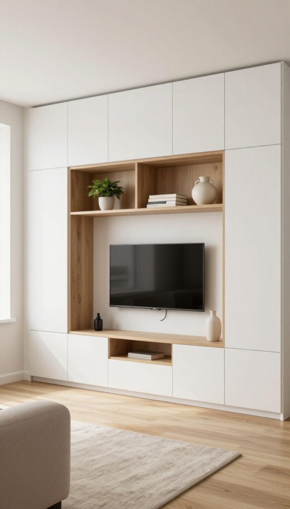 Media console with closed cabinets and open shelving in a bright living room