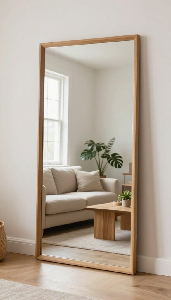 A large mirror leaning against a wall in a bright living room, reflecting light and making the space feel larger.