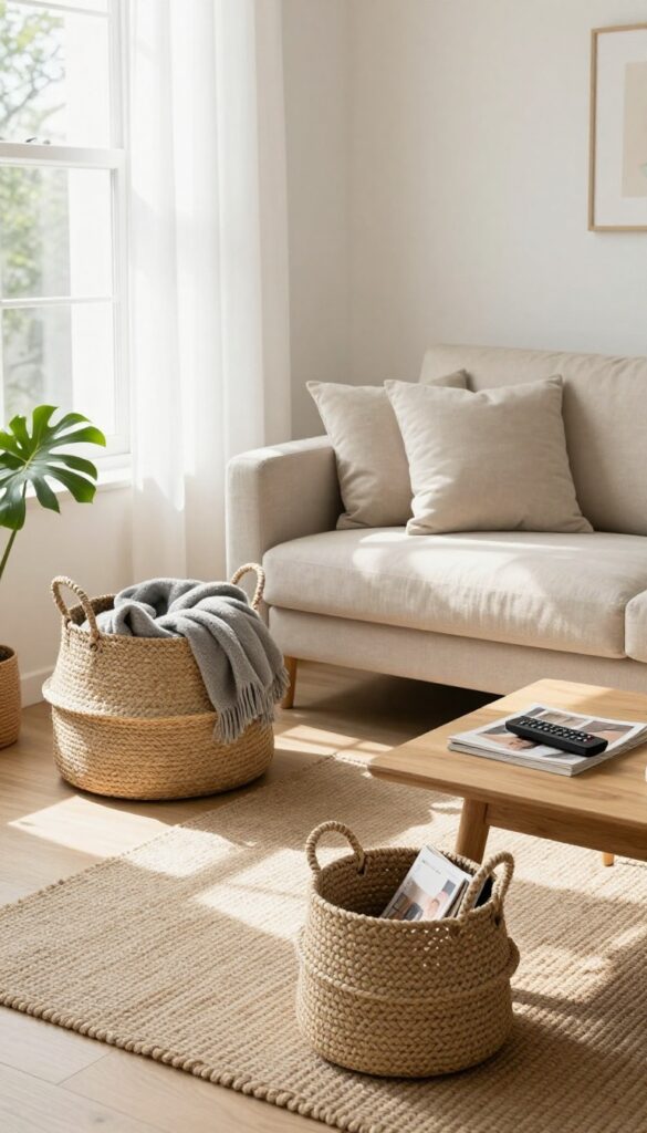 Living room with seagrass baskets for stylish storage, including a large basket for blankets and a small basket for remotes on a coffee table.