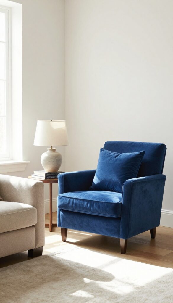 Beige sofa paired with a deep blue velvet accent chair and side table in a bright living room
