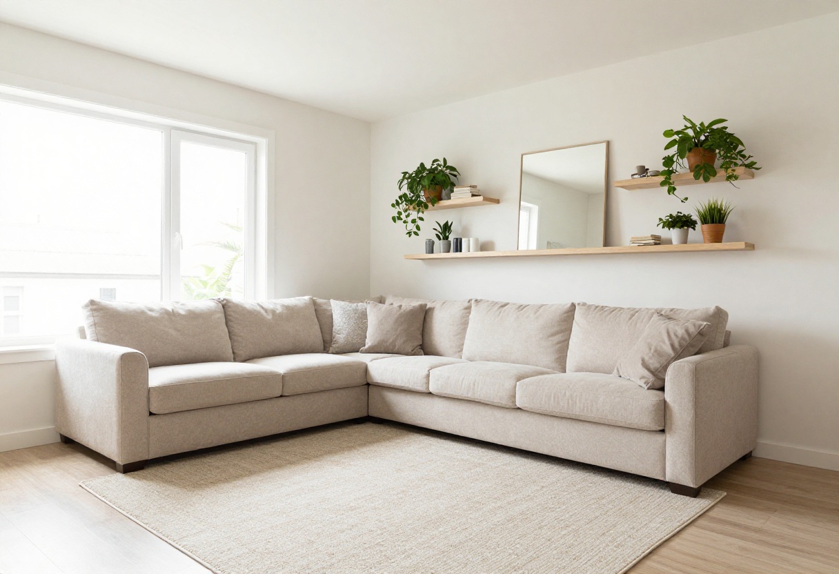 Bright small living room with light colors, large rug, mirror, and plants, feeling open and airy