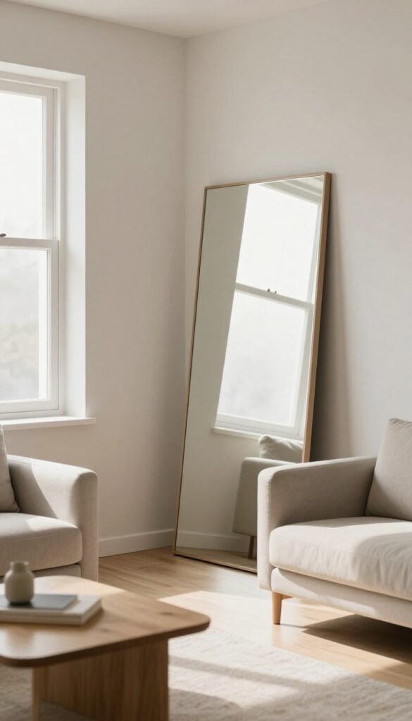 A bright small living room with a large mirror reflecting a window, making the space feel larger and airier.