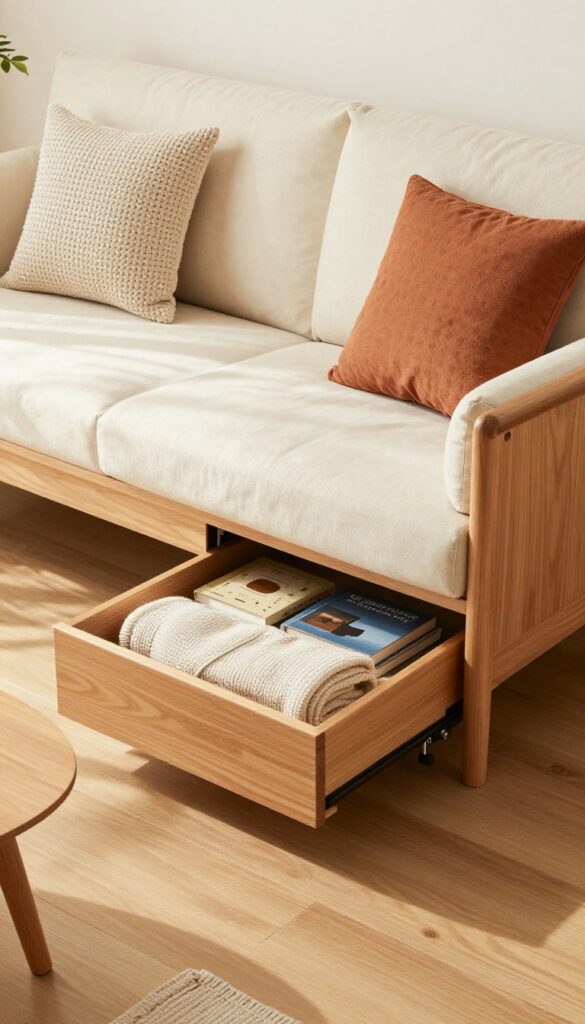 A modern wooden sofa with a lift-up seat revealing hidden storage, styled with cream and rust cushions in a cozy small living room.