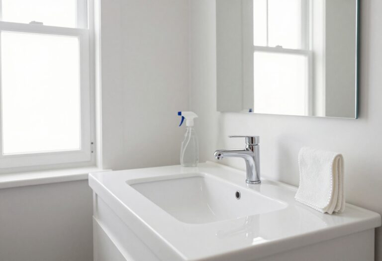 Clean bathroom with sparkling sink and organized cleaning supplies
