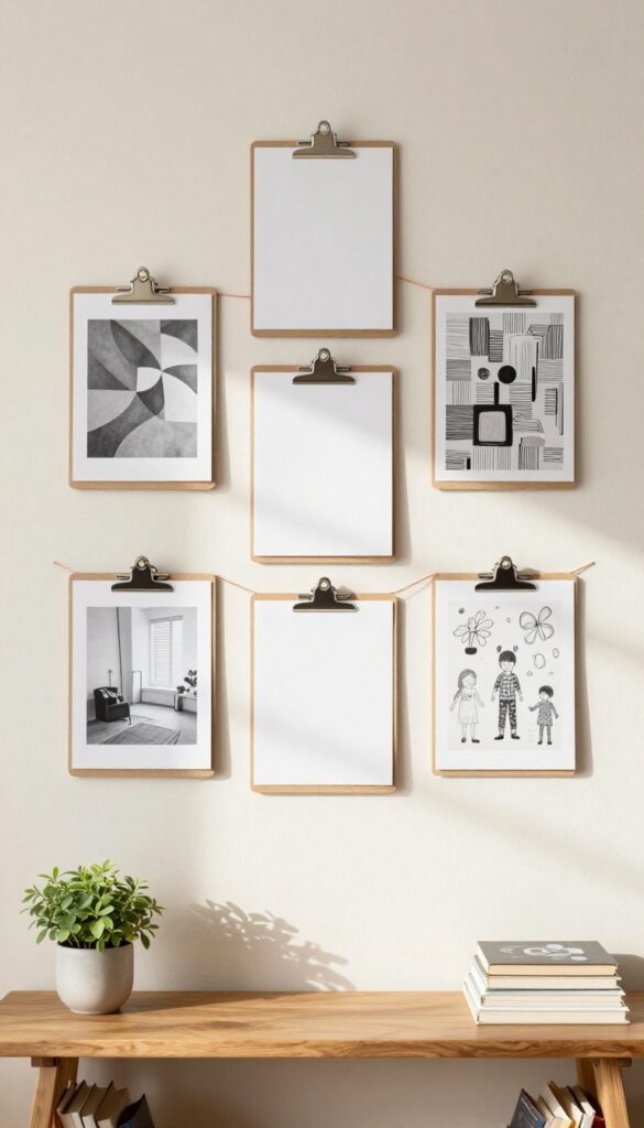 Living room wall with clipboards and wire hangers displaying art and photos in a casual, bohemian style