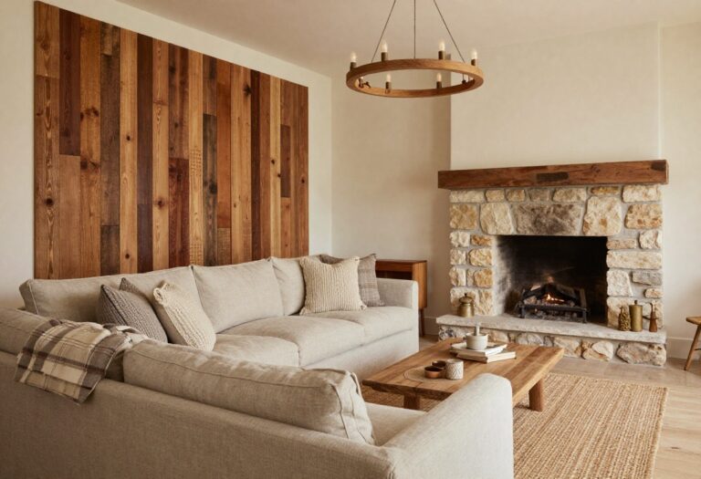 Cozy rustic living room with wood accent wall, stone fireplace, and layered textiles