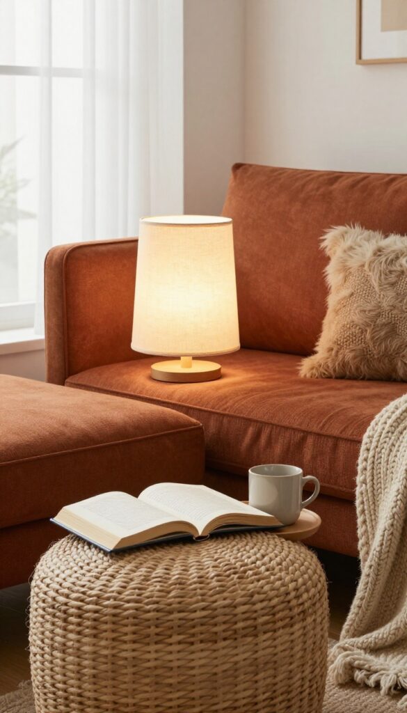 Cozy reading nook with rust sofa, floor lamp, side table, book, mug, ottoman, and woven basket with blankets