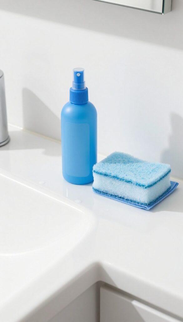 Bathroom counter with blue cleaner spray bottle, sponge, and cloth in bright natural light