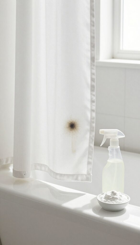 Pre-treating stubborn stains on a shower curtain with vinegar spray and baking soda paste in a bright bathroom.