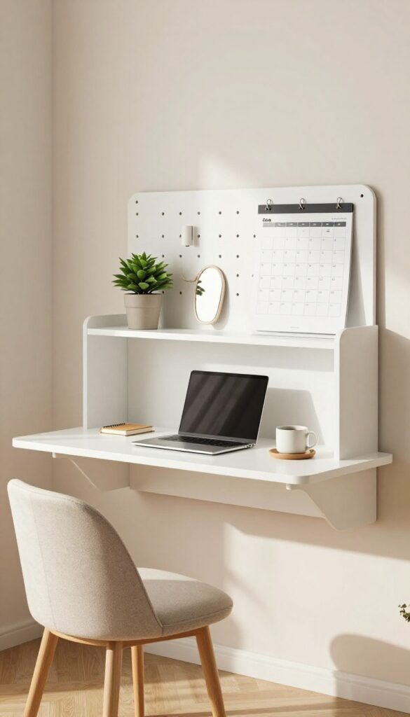 Floating desk in a living room alcove with shelf, lamp, plant, and stool