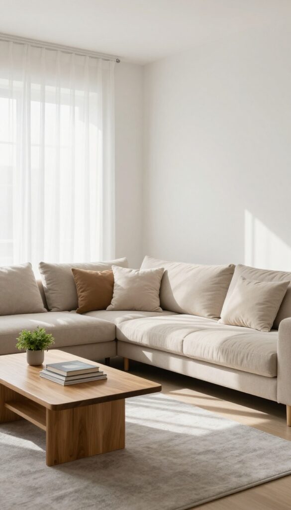 Family living room with neutral foundation, beige sofa, and warm white walls