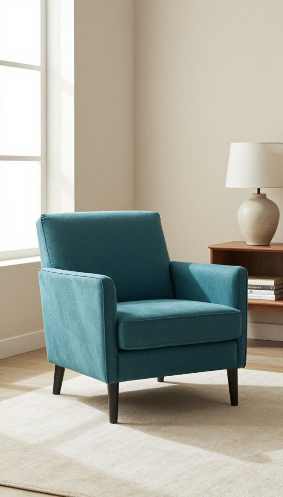 Teal accent chair in bright living room with natural light and neutral decor