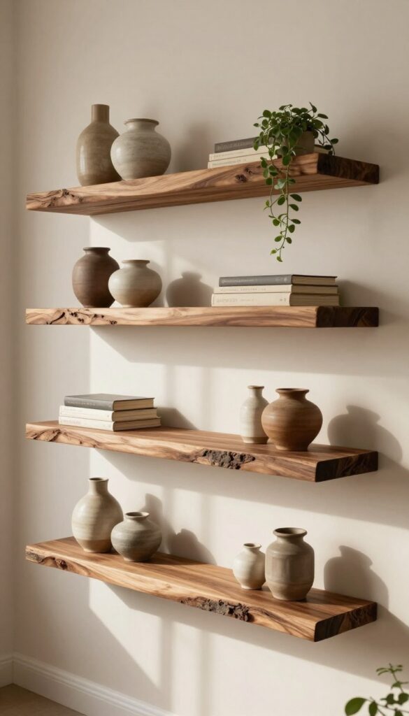 Rustic living room with floating live edge shelves displaying books, pottery, and a trailing plant, warm natural light.
