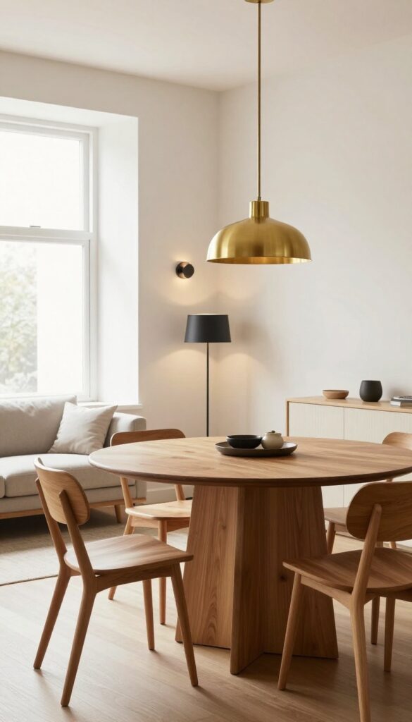 Small living and dining room with layered lighting including pendant, floor lamp, and sconce for a polished, airy look.