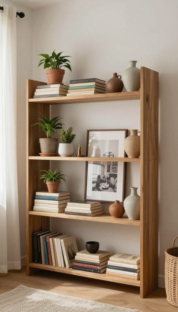 Open shelves in a cozy living room styled with books, plants, and ceramics in natural light