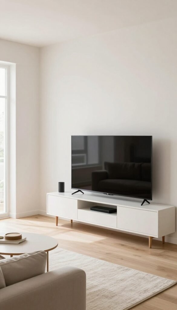Small living room with wall-mounted TV at eye level, recliner facing TV, no TV stand, clean and open layout