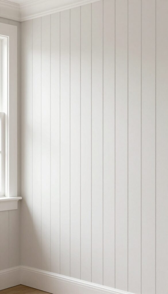 Living room wall with board and batten paneling in soft greige, vertical MDF strips, natural light, clean and airy