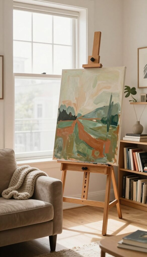 Wooden floor easel displaying a canvas in a cozy living room corner