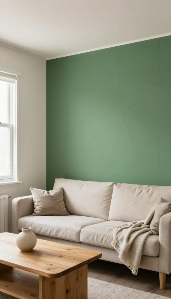 Small living room with sage green geometric accent wall behind sofa, neutral walls, natural light, clean and airy decor