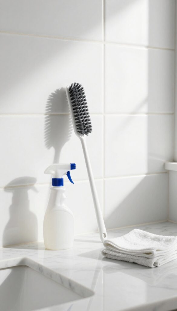 Close-up of clean white bathroom tiles with cleaning tools on a marble countertop in bright natural light