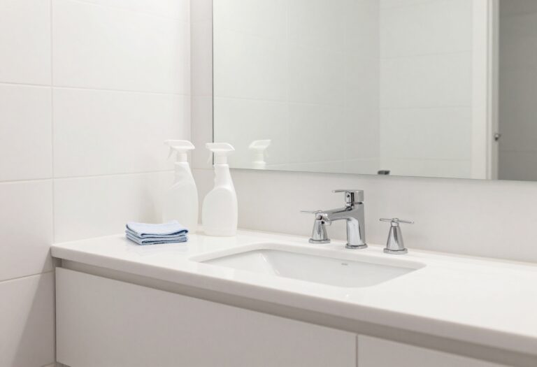 Clean bathroom with organized cleaning supplies on a white countertop