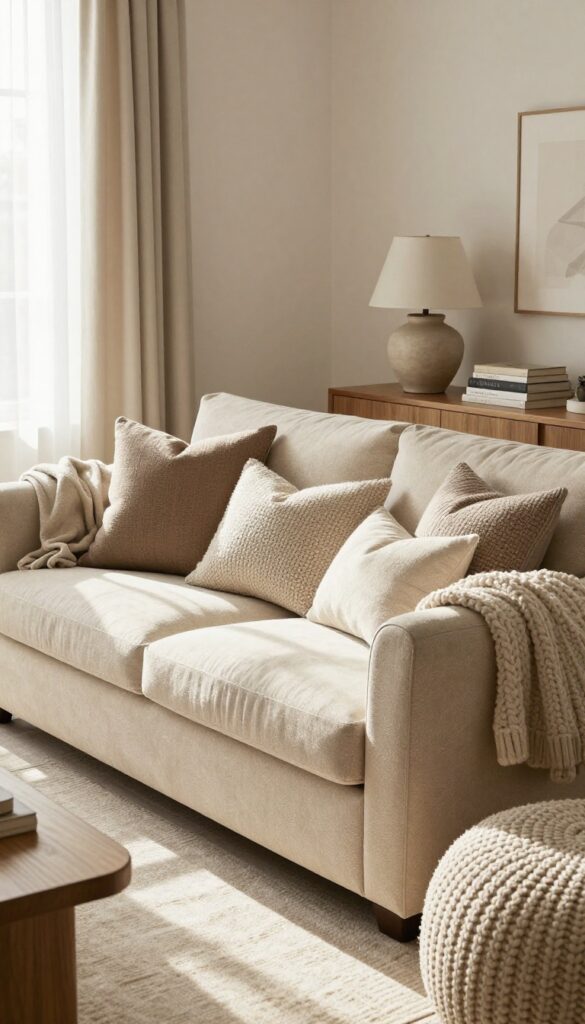 Cozy living room with overstuffed bouclé sofa, layered throws and pillows, warm natural light, and neutral earthy tones.