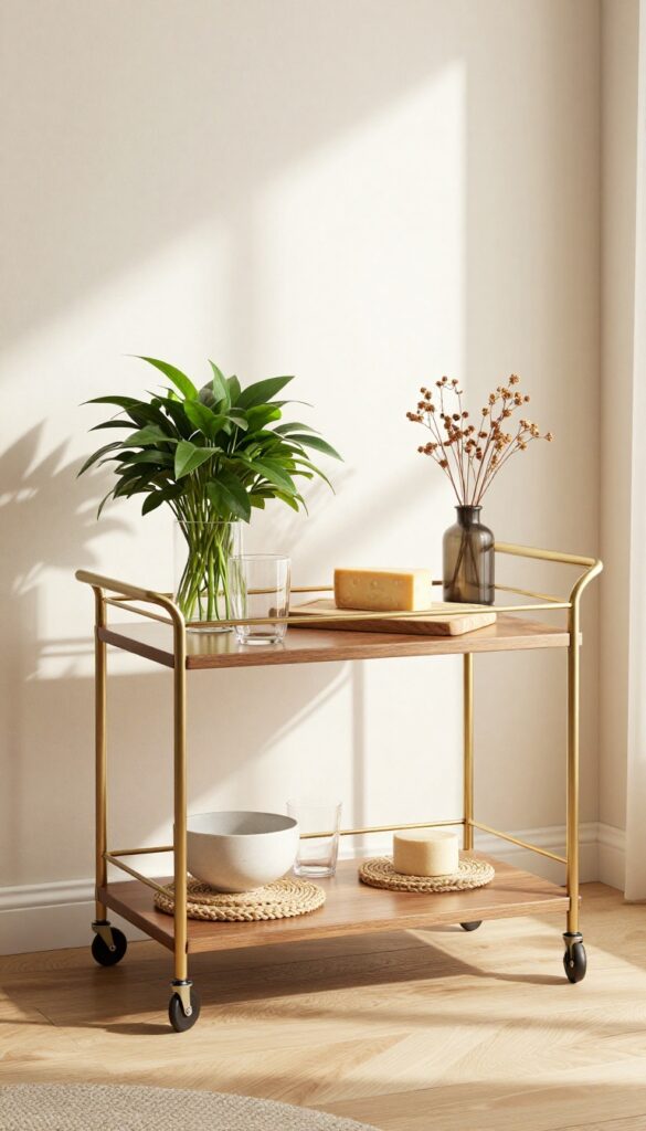 Light and airy living room with a stylish bar cart station featuring glassware, plant, and dried flowers