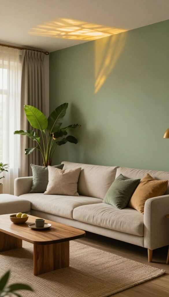 Living room with warm white ceiling, sage green walls, natural light, and cozy decor