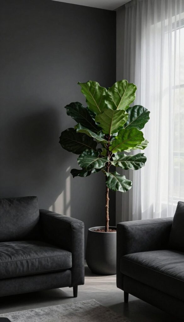 Moody living room with dark foliage plant in corner