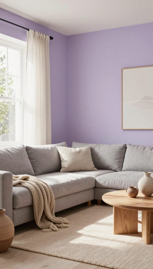 Earthy boho living room with muted lavender accent wall and warm gray sofa