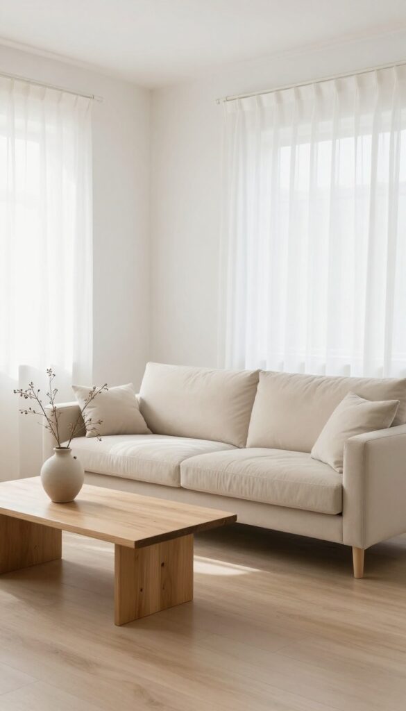 Minimalist living room with beige sofa, clean lines, and uncluttered surfaces