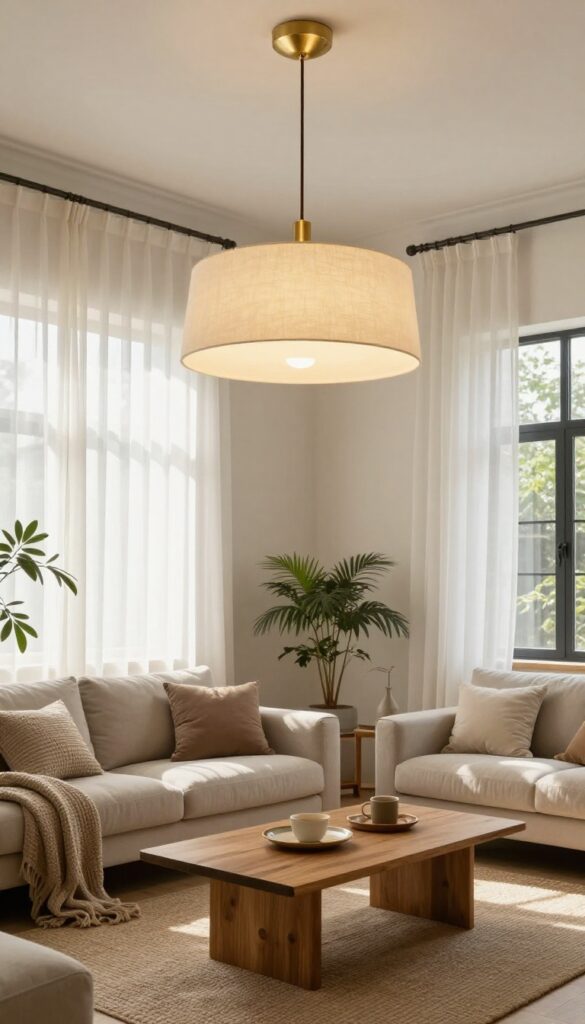 Living room with a statement brass pendant light hanging from the ceiling, warm and inviting decor.