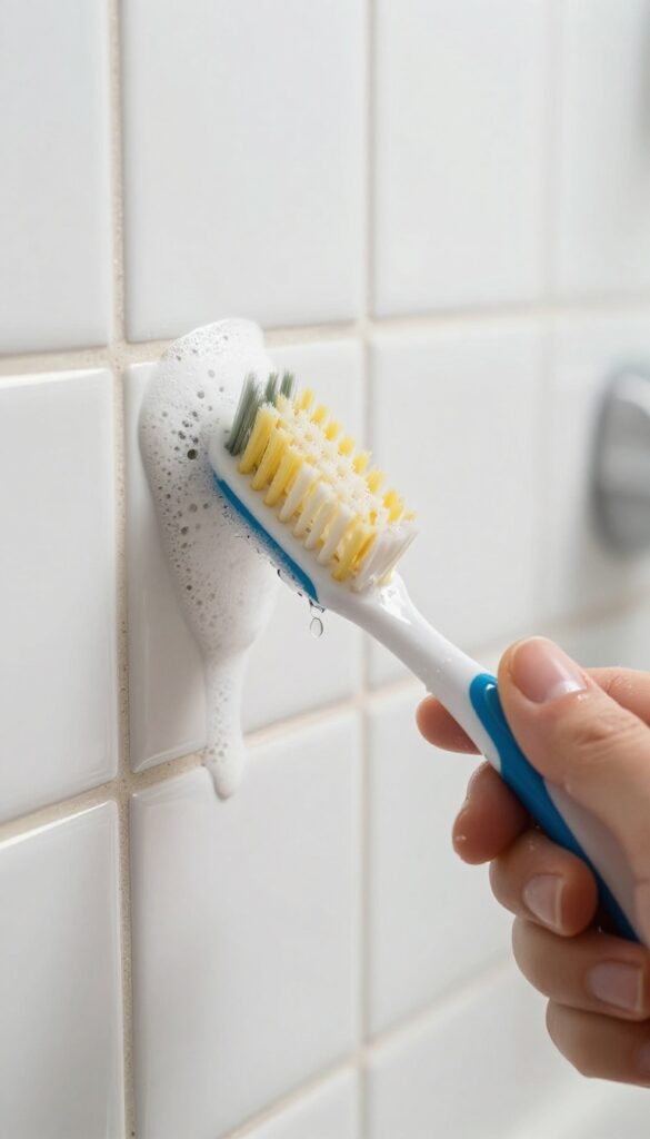 Person scrubbing bathroom tile grout with an old toothbrush and dish soap