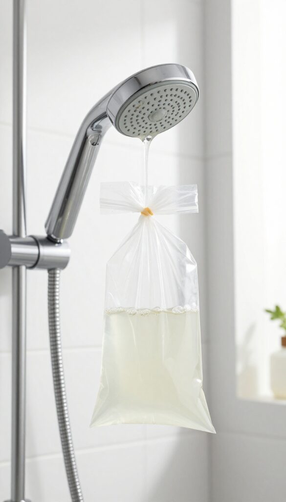 Showerhead soaked in a vinegar-filled plastic bag to remove mineral deposits