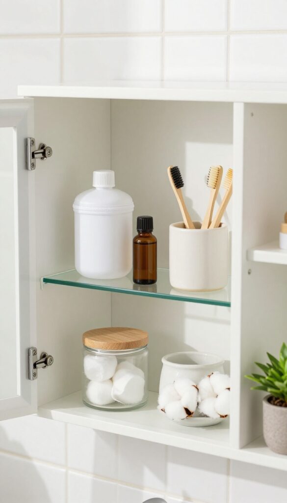 Organized medicine cabinet with neatly arranged toiletries and a small plant