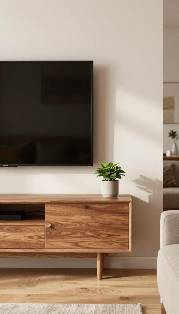 Wall-mounted media console in warm wood finish with TV and floating shelf, small living room