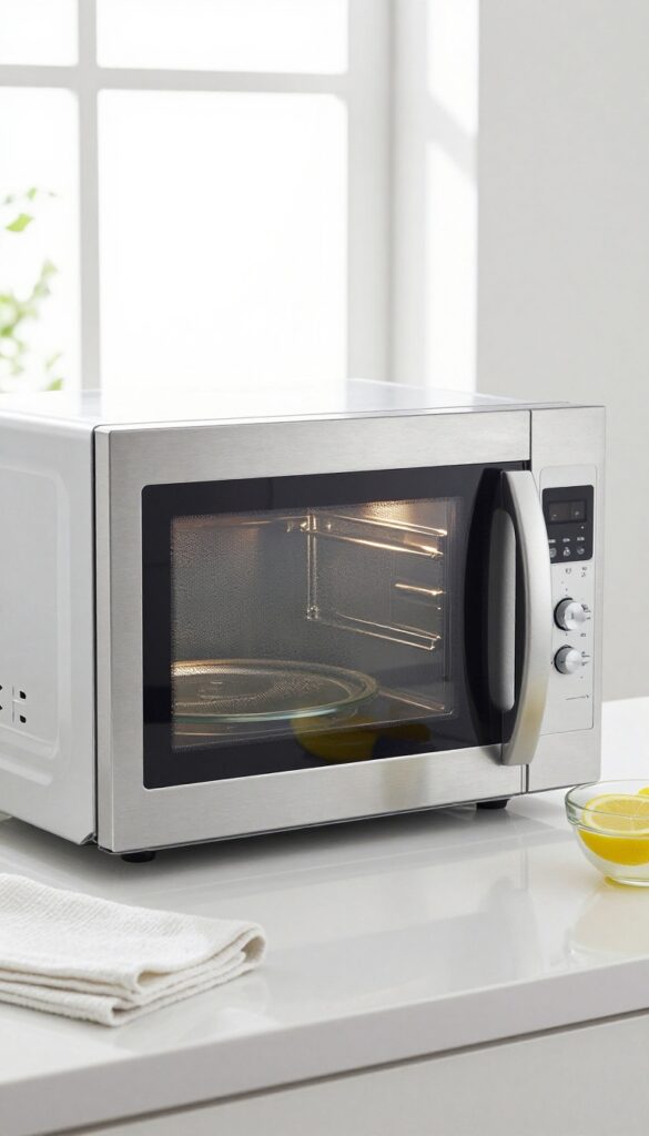 Clean microwave interior with lemon steam bowl and microfiber cloth on kitchen counter