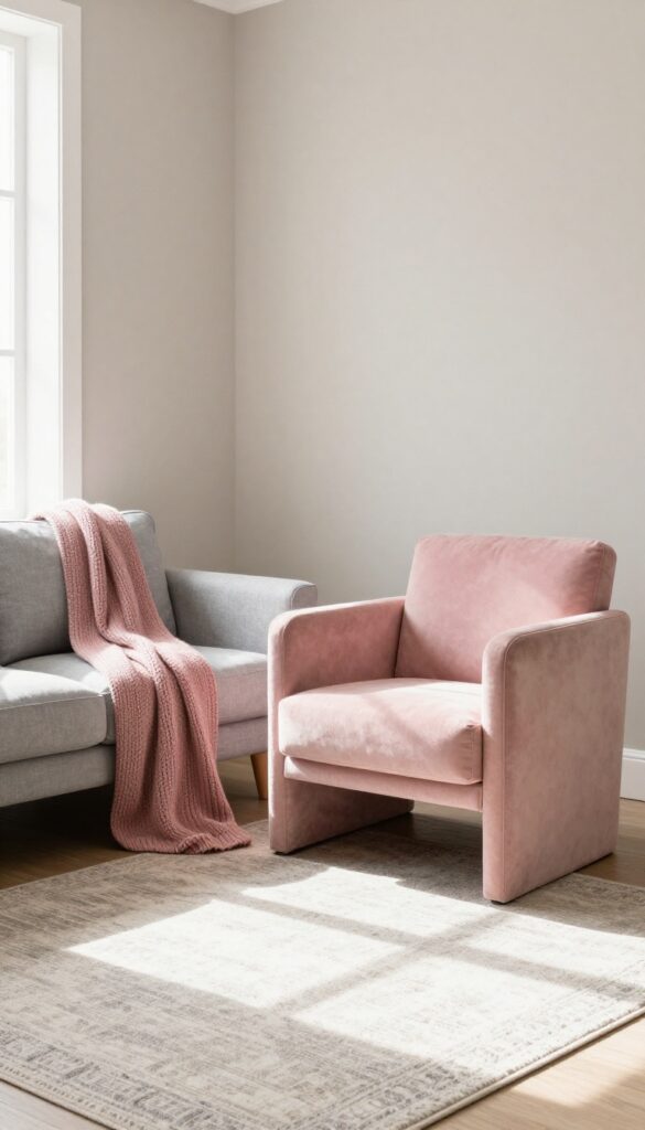 Small living room with warm grey walls, blush pink velvet armchair, and soft grey linen sofa