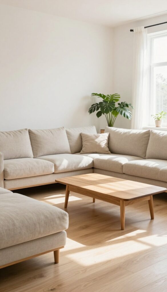Floating sofas in a small living room with walkway behind them