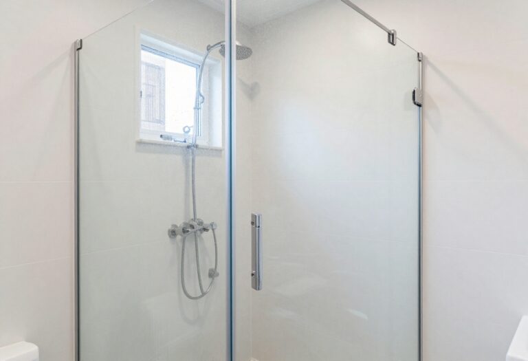 Sparkling clean glass shower door in a modern bathroom
